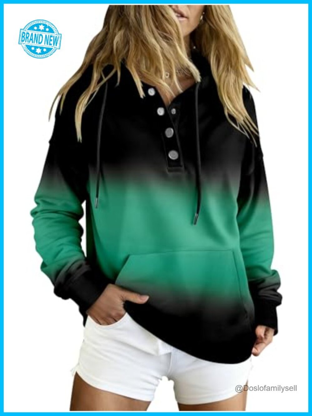 Oversize Button Collar Hoodie Sweatshirt Pullover Kangaroo Pocket